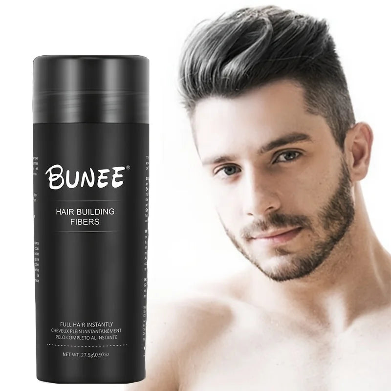 BUNEE Hair Fiber 27.5g: Men's natural hair-thickening fibers for balding areas, fills part lines, includes 27.5g fiber powder.