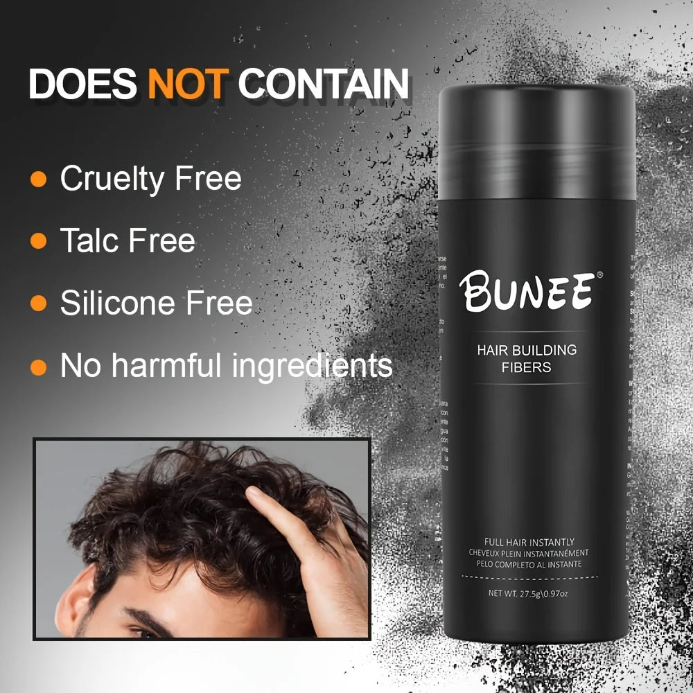 BUNEE Hair Fiber 27.5g: Men's natural hair-thickening fibers for balding areas, fills part lines, includes 27.5g fiber powder.