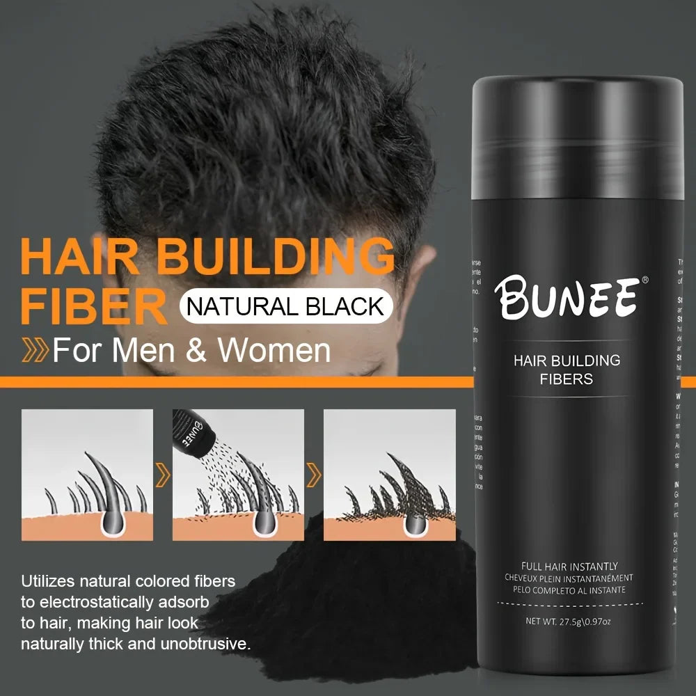 BUNEE Hair Fiber 27.5g: Men's natural hair-thickening fibers for balding areas, fills part lines, includes 27.5g fiber powder.