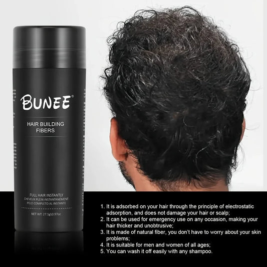 BUNEE Hair Fiber 27.5g: Men's natural hair-thickening fibers for balding areas, fills part lines, includes 27.5g fiber powder.